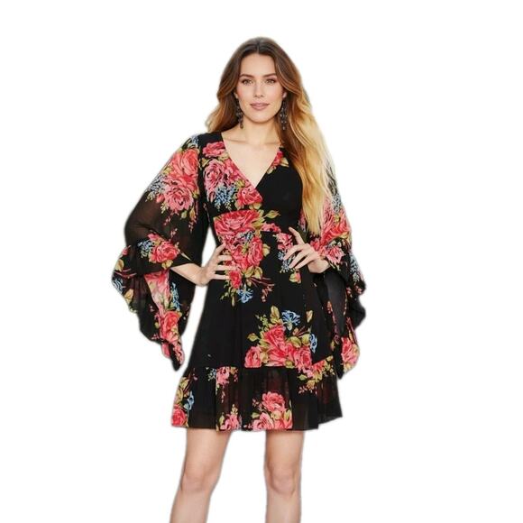 Betsey Johnson Dresses & Skirts - Betsy Johnson Floral Mini Dress Sz 4 Black Pink Babydoll Bell Sleeves Whimsigoth